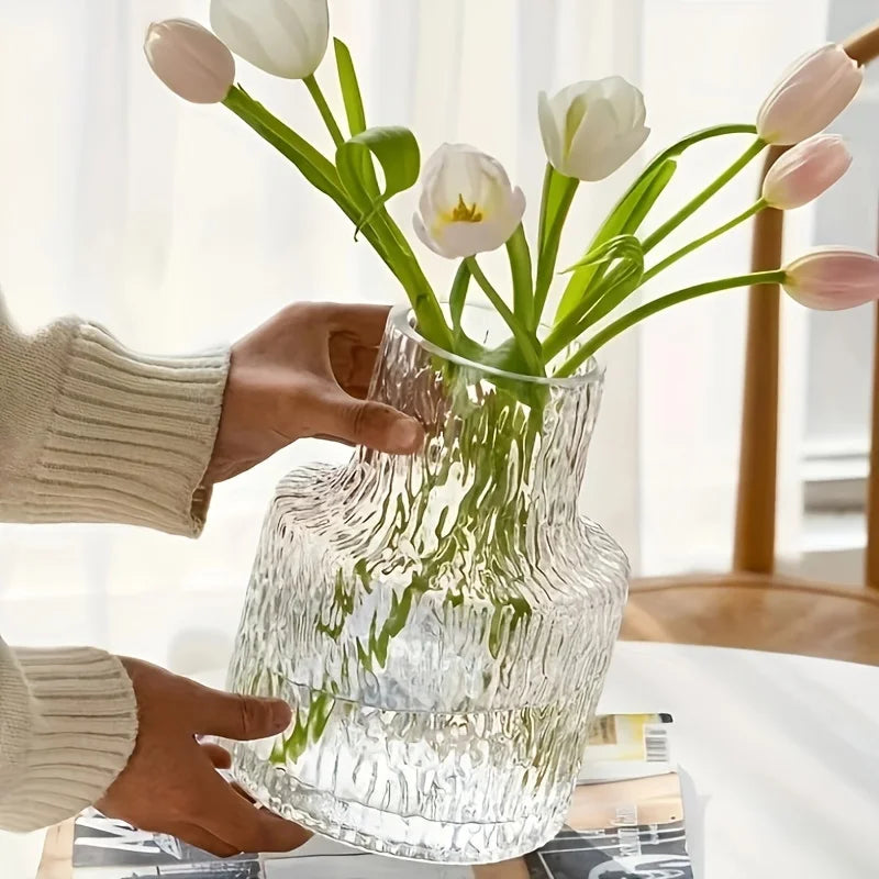 Nordic Vintage-Style Textured Glass Vase for Wide-Mouth Flower Arrangements, Perfect for Home And Table Decoration