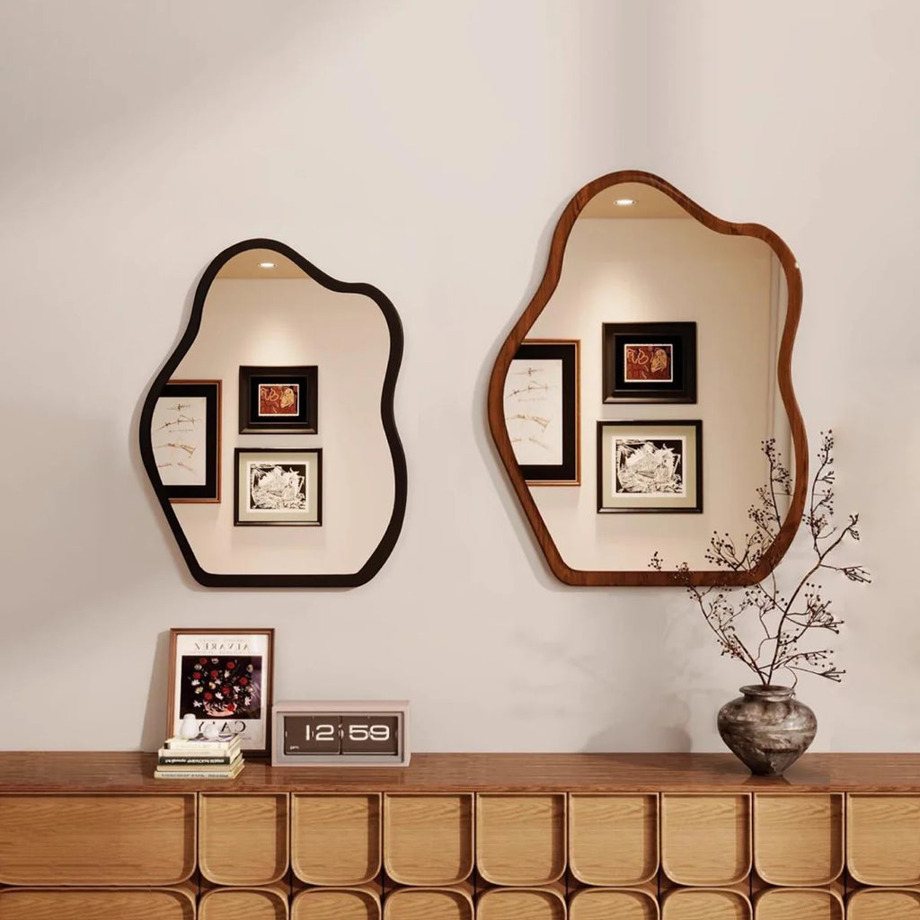 Irregular Wall Mirror Wavy Wooden Framed Modern Bohemian Decorative Mirror for Bathroom Bedroom Living Room Entryway