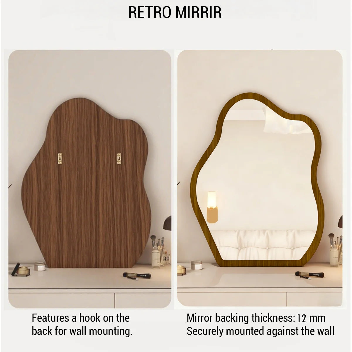 Irregular Wall Mirror Wavy Wooden Framed Modern Bohemian Decorative Mirror for Bathroom Bedroom Living Room Entryway