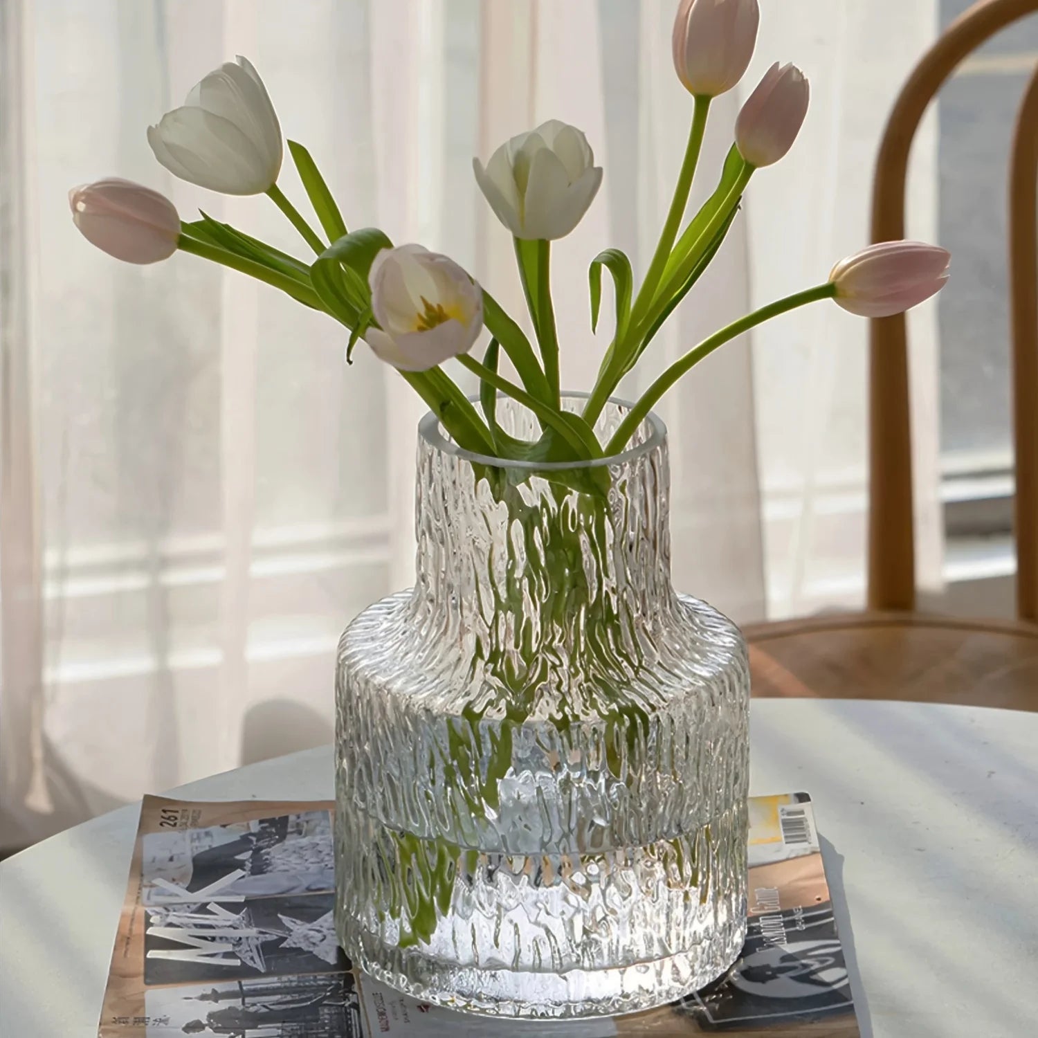 Nordic Vintage-Style Textured Glass Vase for Wide-Mouth Flower Arrangements, Perfect for Home And Table Decoration
